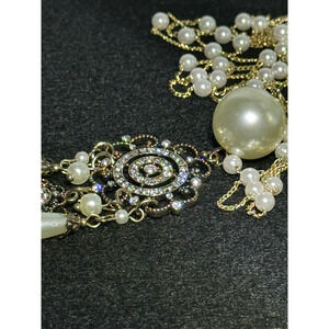 Plunder Gold Tone Faux Pearl Rhinestone Necklace & Chandelier Earrings Set